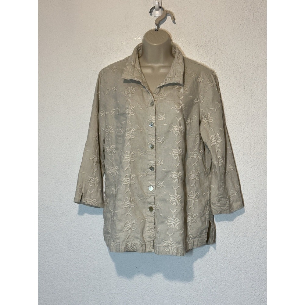 John Mark Beige 100% Linen Shirt All Over Embroidered 3/4 Sleeve Boho Travel M